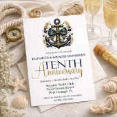 Blue Gold Nautical Anchor 10th Wedding Anniversary 招待状