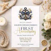 Blue Gold Nautical Anchor 1st Wedding Anniversary 招待状