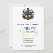 Blue Gold Nautical Anchor 1st Wedding Anniversary 招待状 (正面)
