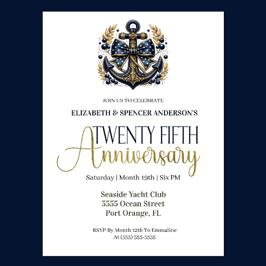 Blue Gold Nautical Anchor 25th Wedding Anniversary 招待状