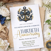 Blue Gold Nautical Anchor 30th Wedding Anniversary 招待状