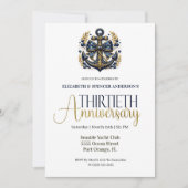 Blue Gold Nautical Anchor 30th Wedding Anniversary 招待状 (正面)