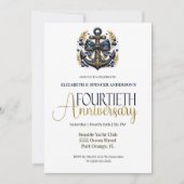 Blue Gold Nautical Anchor 40th Wedding Anniversary 招待状 (正面)