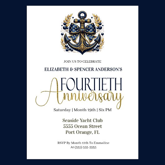 Blue Gold Nautical Anchor 40th Wedding Anniversary 招待状