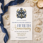 Blue Gold Nautical Anchor 50th Wedding Anniversary 招待状