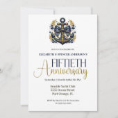 Blue Gold Nautical Anchor 50th Wedding Anniversary 招待状 (正面)