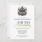 Blue Gold Nautical Anchor 5th Wedding Anniversary 招待状 (正面)