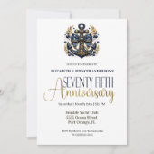 Blue Gold Nautical Anchor 75th Wedding Anniversary 招待状 (正面)