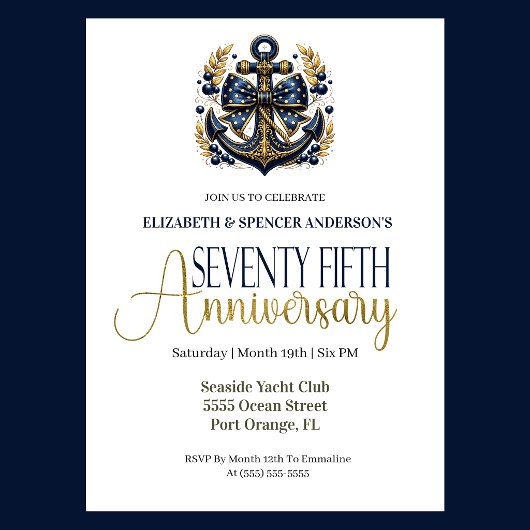Blue Gold Nautical Anchor 75th Wedding Anniversary 招待状