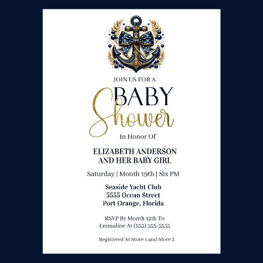 Blue Gold Nautical Anchor Boy Baby Shower 招待状