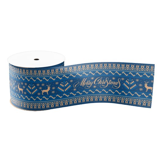 Blue Gold Nordic Script Christmas Ribbon グログランリボン (リール)