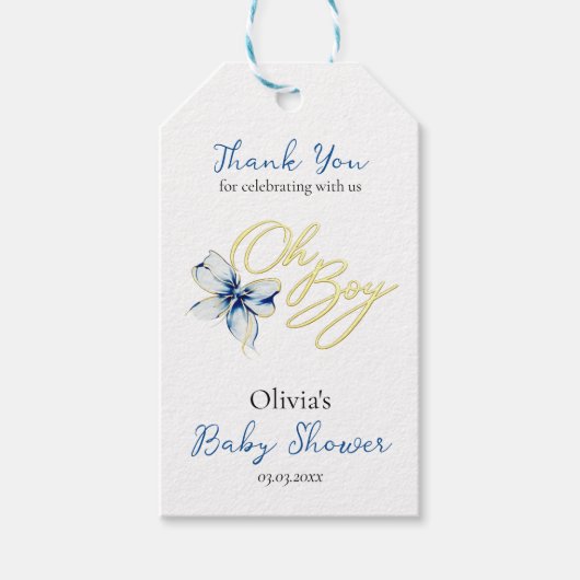 Blue & Gold “Oh Boy” Floral Typography Baby Shower ギフトタグ (正面)
