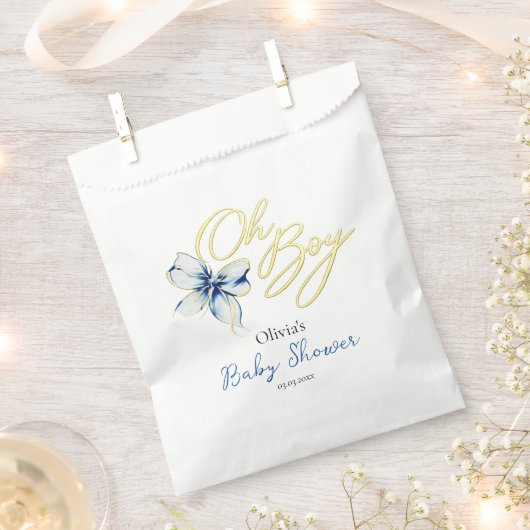 Blue & Gold “Oh Boy” Floral Typography Baby Shower フェイバーバッグ (クリップ留めされた状態)