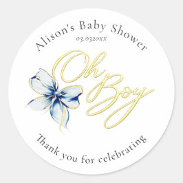 Blue & Gold “Oh Boy” Floral Typography Baby Shower ラウンドシール