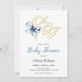 Blue & Gold “Oh Boy” Floral Typography Baby Shower 招待状