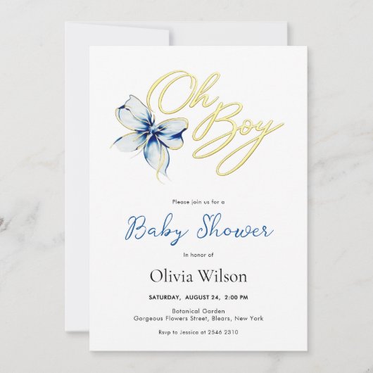 Blue & Gold “Oh Boy” Floral Typography Baby Shower 招待状 (正面)
