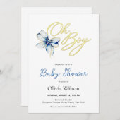 Blue & Gold “Oh Boy” Floral Typography Baby Shower 招待状 (正面/裏面)