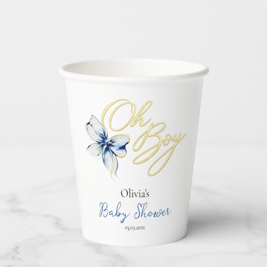Blue & Gold “Oh Boy” Floral Typography Baby Shower 紙コップ (裏面)