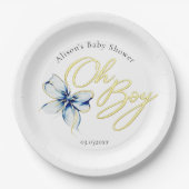 Blue & Gold “Oh Boy” Gold Typography Baby Shower ペーパープレート (正面)