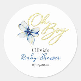 Blue & Gold “Oh Boy” Gold Typography Baby Shower ラウンドシール