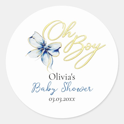 Blue & Gold “Oh Boy” Gold Typography Baby Shower ラウンドシール (正面)