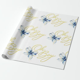 Blue & Gold “Oh Boy” Gold Typography Baby Shower ラッピングペーパー