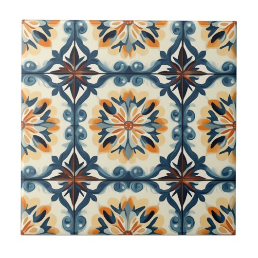 Blue Gold Orange and Brown Pattern Ceramic Tile タイル (正面)