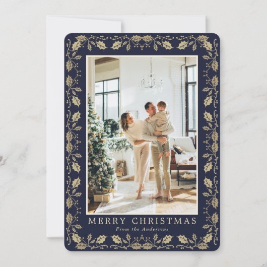 Blue Gold Photo Elegant Christmas Card シーズンカード (正面)