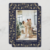Blue Gold Photo Elegant Christmas Card シーズンカード (正面/裏面)