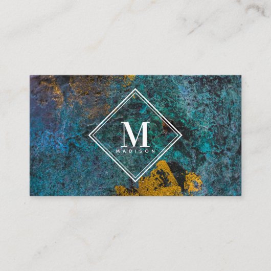 Blue Gold Rust Metallic Texture Monogram Initial 名刺 (正面)