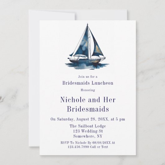 Blue & Gold Sailboat Nautical Bridesmaids Luncheon 招待状 (正面)