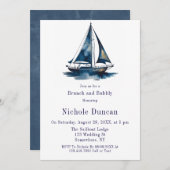 Blue & Gold Sailboat Nautical Brunch and Bubbly 招待状 (正面/裏面)