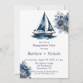 Blue & Gold Sailboat Nautical Engagement Party 招待状 (正面)