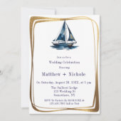 Blue & Gold Sailboat Nautical Wedding Celebration  招待状 (正面)