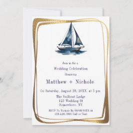Blue & Gold Sailboat Nautical Wedding Celebration  招待状