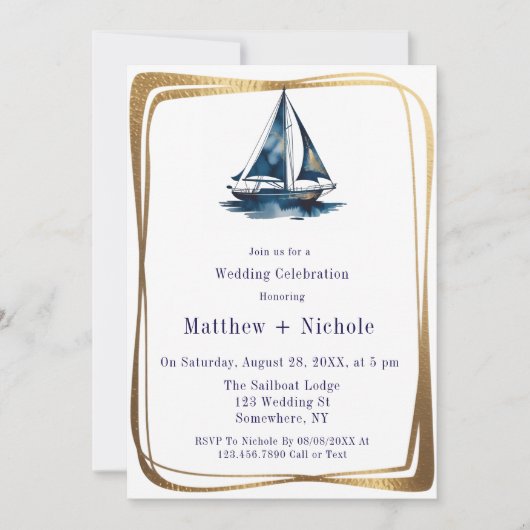 Blue & Gold Sailboat Nautical Wedding Celebration  招待状 (正面)