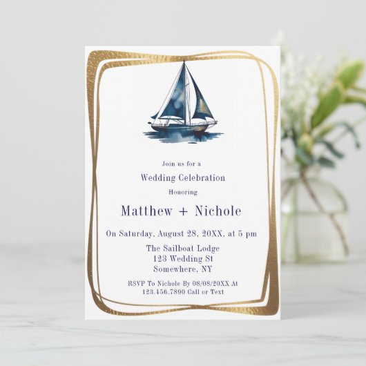 Blue & Gold Sailboat Nautical Wedding Celebration  招待状 (スタンド正面)