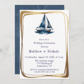 Blue & Gold Sailboat Nautical Wedding Celebration  招待状 (正面/裏面)