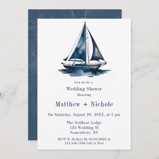 Blue & Gold Sailboat Nautical Wedding Shower 招待状 (正面/裏面)