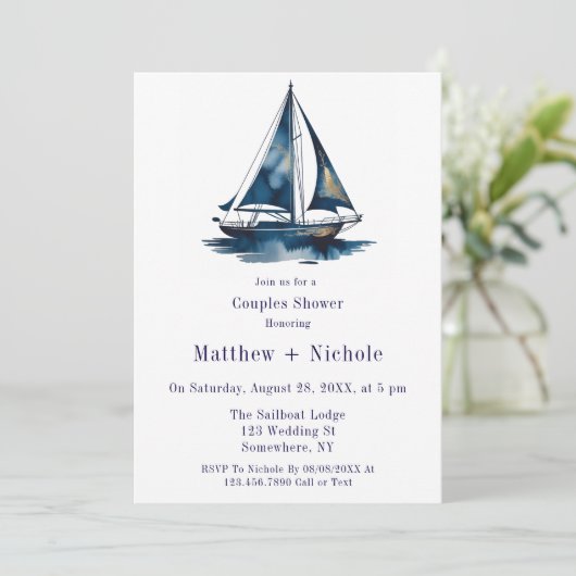 Blue & Gold Sailboat Nautical Wedding Shower 招待状 (スタンド正面)