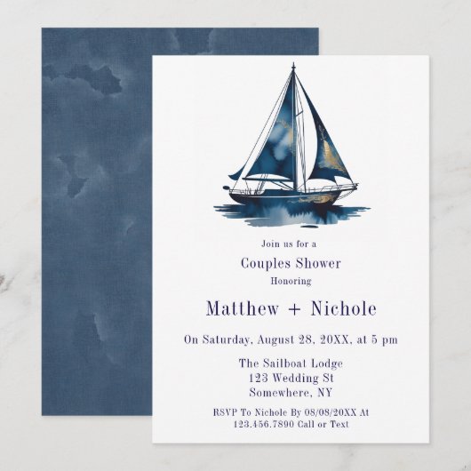 Blue & Gold Sailboat Nautical Wedding Shower 招待状 (正面/裏面)