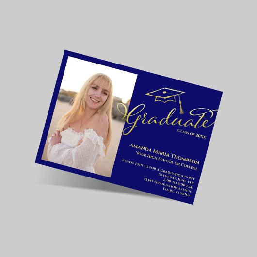 Blue Gold Script Photo Graduation Party Invite 招待状