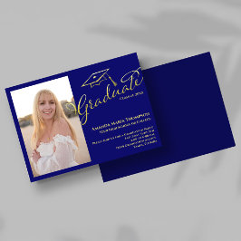 Blue Gold Script Photo Graduation Party Invite 招待状