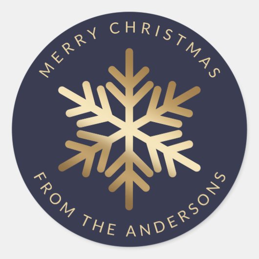 Blue Gold Snowflake Family Merry Christmas ラウンドシール (正面)