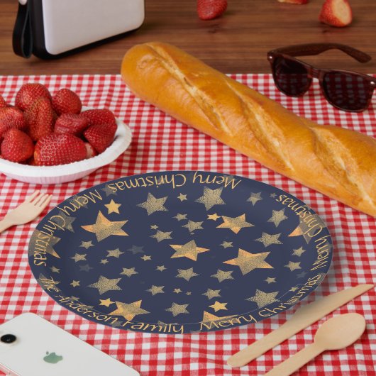 Blue Gold Star Pattern Elegant Vintage Christmas ペーパープレート (ピクニック)