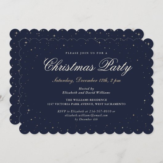 Blue Gold Starry Christmas Holiday Party 招待状 (正面/裏面)