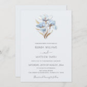 Blue Gold  Styleized Flowers Minimalist 招待状 (正面/裏面)