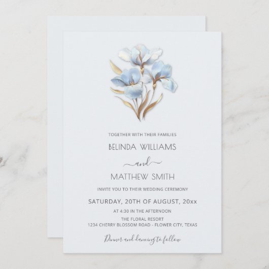 Blue Gold Styleized Flowers Minimalist 招待状 (正面/裏面)