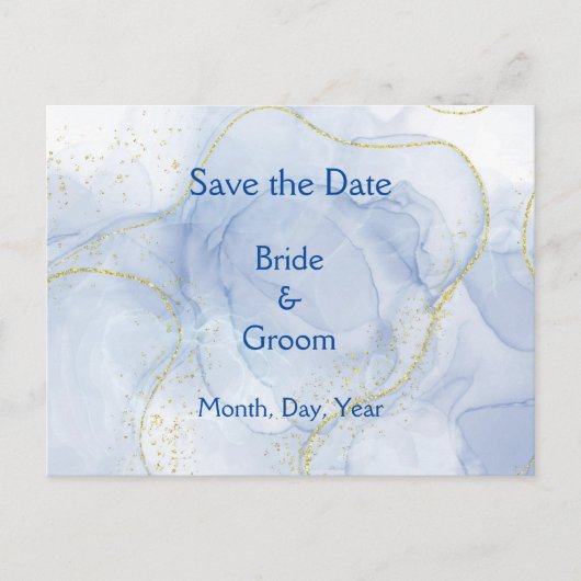 Blue Gold Swirl Save the Date Wedding Invites 案内ポストカード (正面)