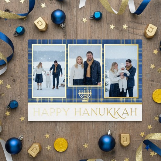 Blue & Gold Tartan Plaid Happy Hanukkah Photo 箔シーズンカード